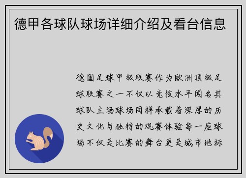 德甲各球队球场详细介绍及看台信息