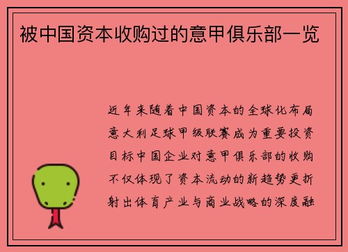 被中国资本收购过的意甲俱乐部一览