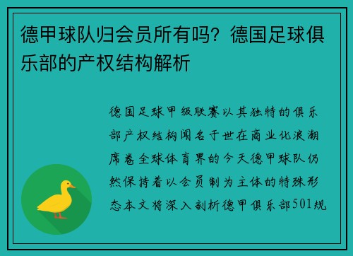 德甲球队归会员所有吗？德国足球俱乐部的产权结构解析